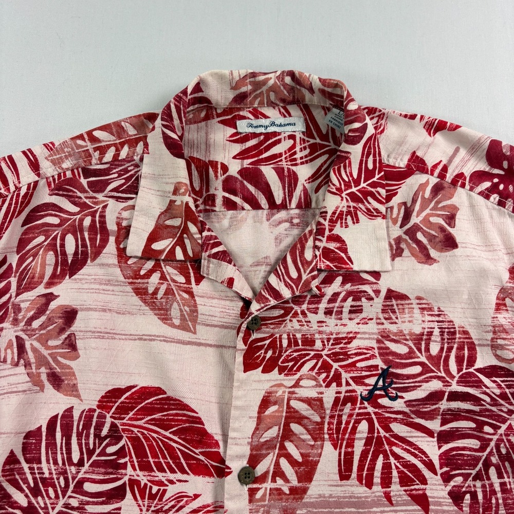 Atlanta Braves Tommy Bahama Shirt Mens L Red Floral Button Up Hawaiian Silk MLB